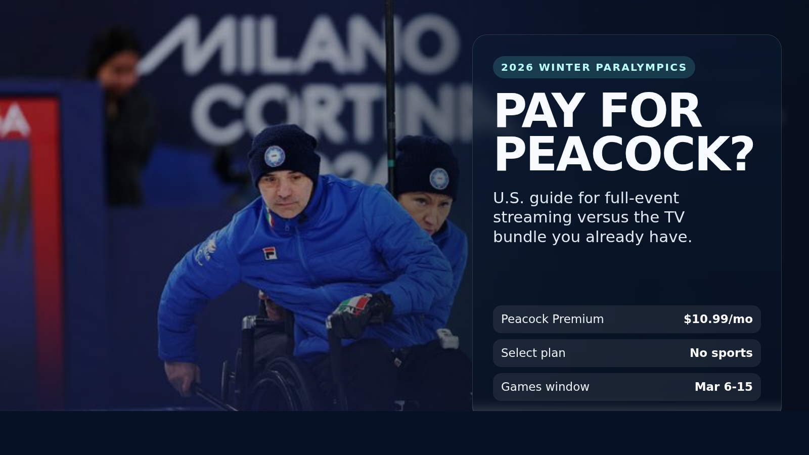 Wheelchair curling athletes at Milano Cortina 2026 on a decision-style cover about paying for Peacock.