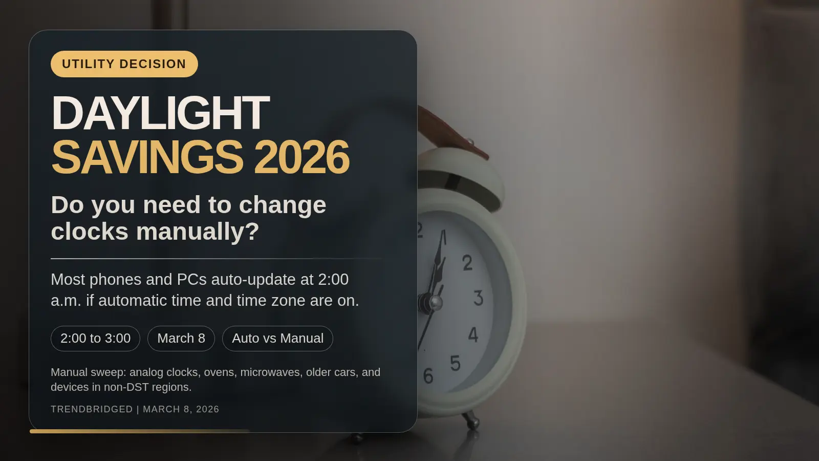 Photo-style cover showing a bedside alarm clock for a Daylight Savings 2026 guide about changing clocks manually or automatically.
