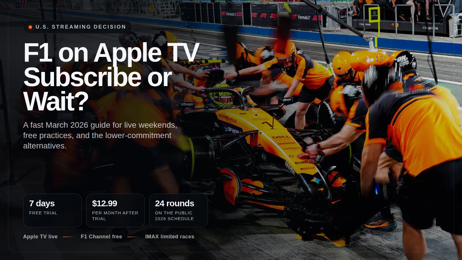 Photo-style cover for an F1 on Apple TV subscribe now or wait decision guide.