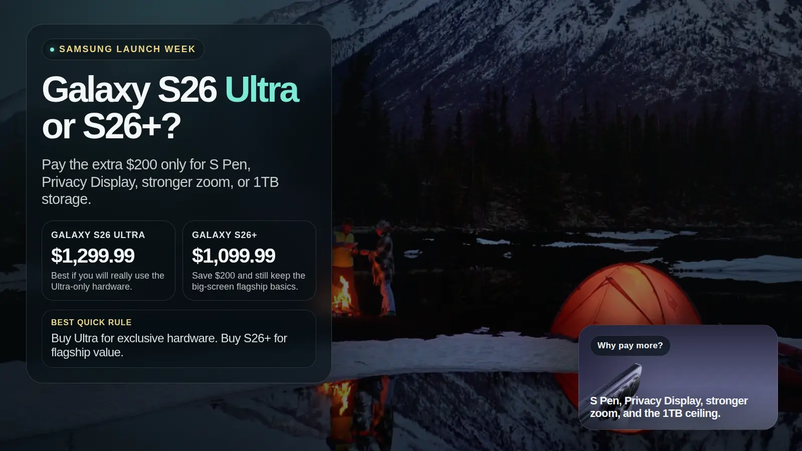 Samsung Galaxy S26 Ultra and Galaxy S26+ with price cards in a decision guide about whether the Ultra is worth the extra cost.