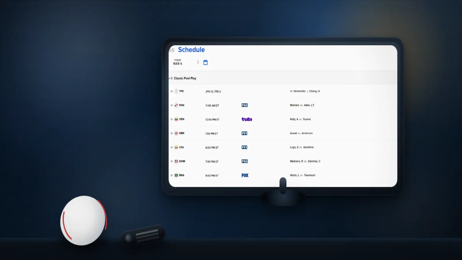 Photo-style cover showing a living room TV with the World Baseball Classic schedule on screen and a baseball on the table.